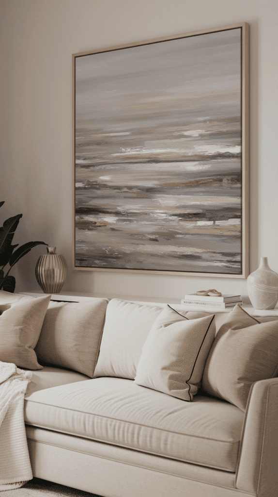 Coastal wall art in serene neutral coastal living room