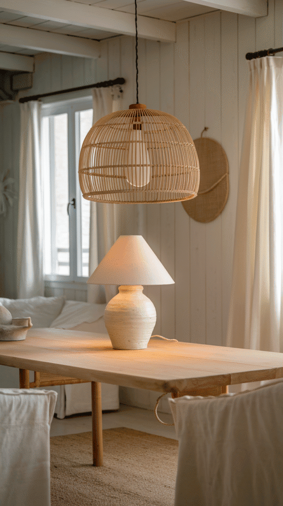 Cozy lighting in a neutral coastal living room