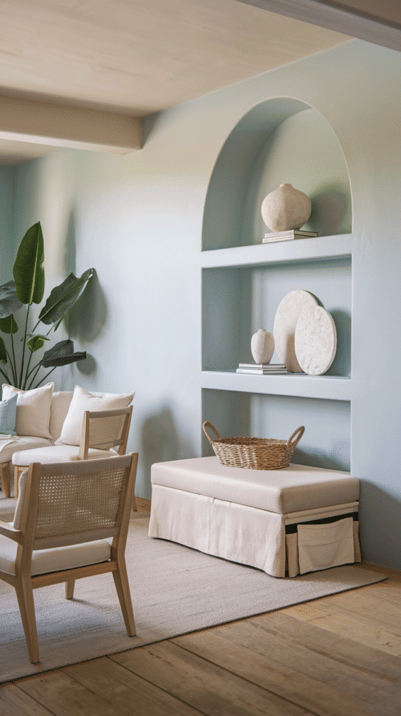Minimal storage solutions in neutral coastal living room