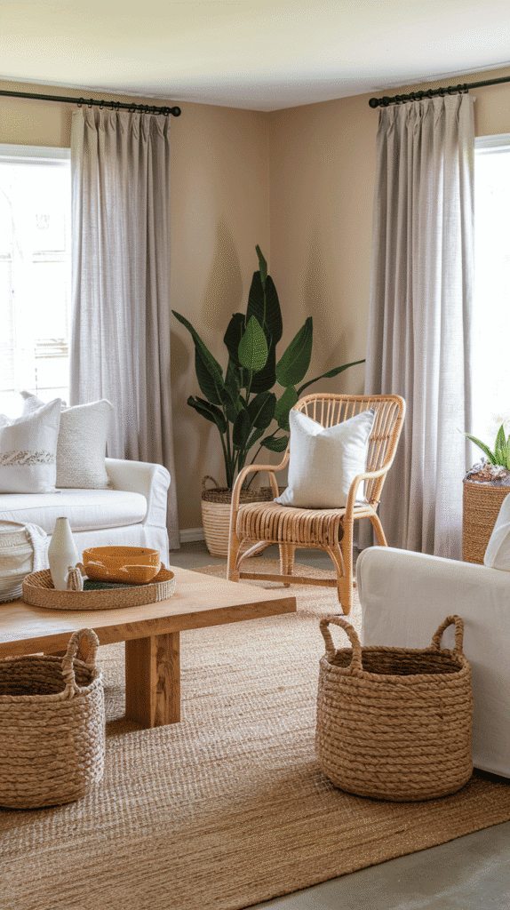 Layered natural textures in a neutral coastal living room
