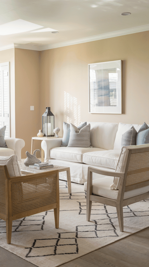 Minimalist coastal furniture in a neutral coastal living room