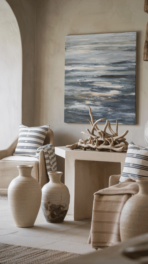 Subtle beach accents in neutral coastal living room decor