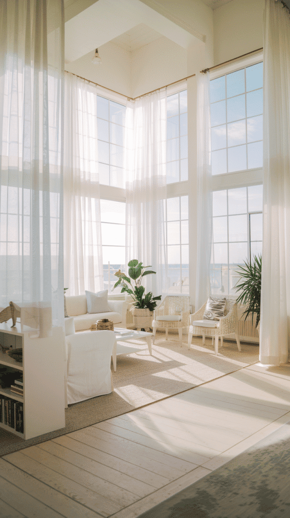 Light-filled neutral coastal living room with airy ambiance