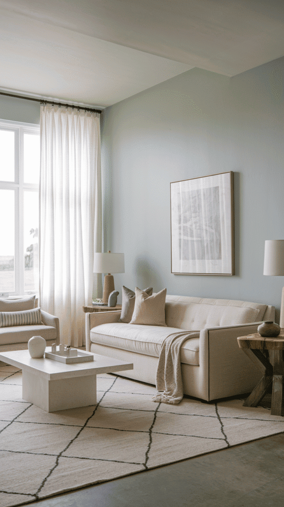 Minimal styling in neutral coastal living room with intentional decor