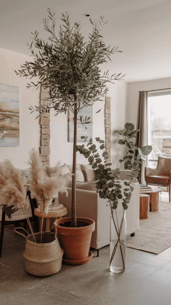 Nature-inspired decor in a neutral coastal living room
