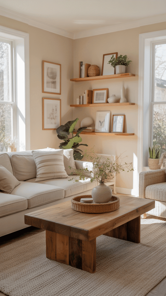 Neutral color living room ideas with warm beige walls, cream sofa, and natural wood accents creating a cozy foundation
