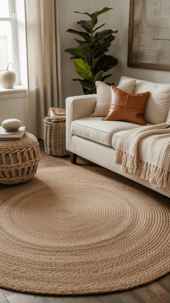 Textured neutral color living room ideas showcasing layered natural fibers, patterns, and materials for rich visual interest