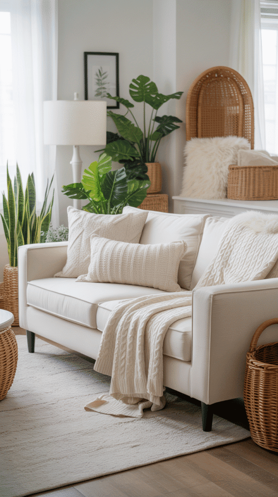 Monochromatic neutral color living room ideas showcasing all-white decor with varied textures and subtle tonal differences