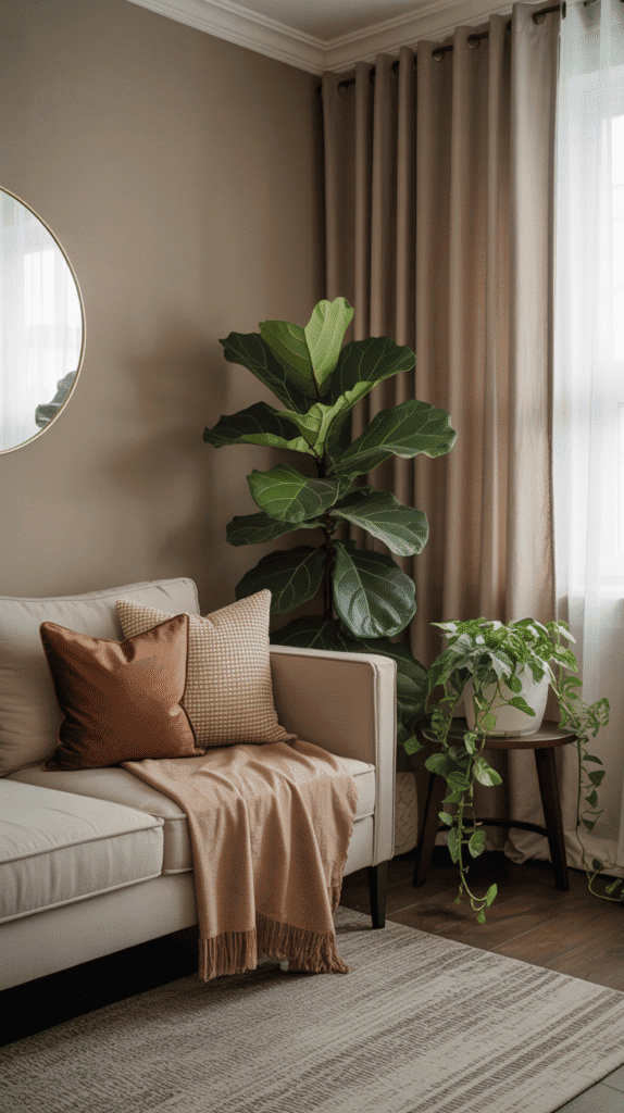 Earthy neutral color living room ideas with taupe walls, mushroom accents, and lush greenery for a grounded natural feel