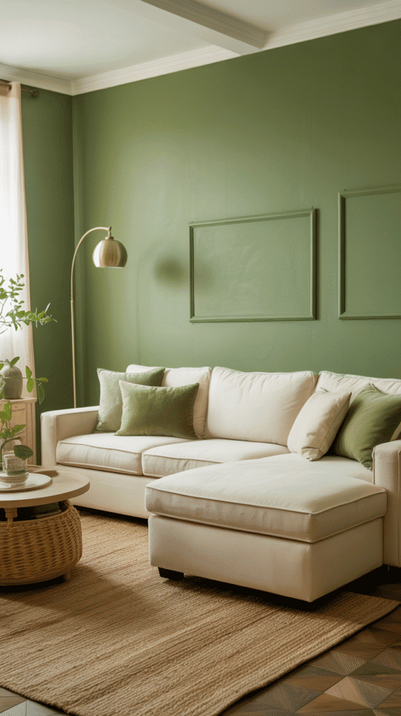 Calming neutral color living room ideas combining sage green accent wall with cream furniture and brass accents