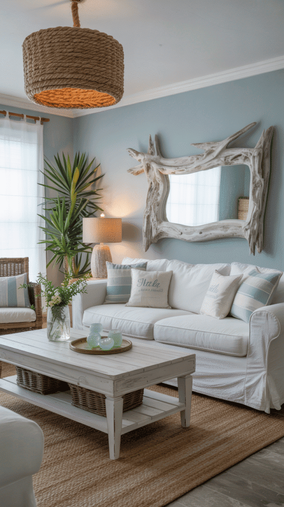 Coastal neutral color living room ideas with blue-gray walls, whitewashed furniture, and natural textures for beachy vibes