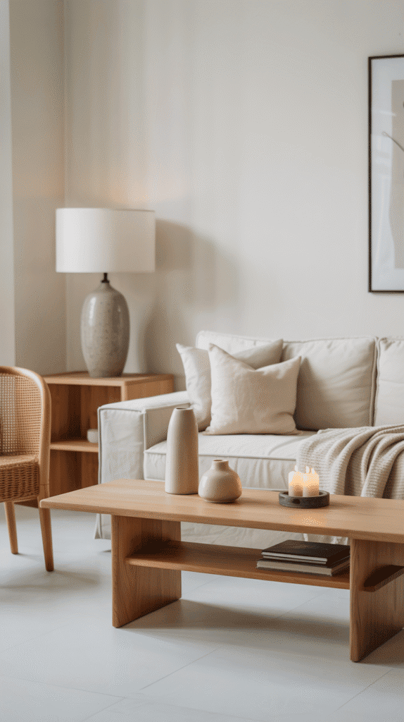 Scandinavian neutral color living room ideas with light wood furniture, white walls, and minimalist decor for hygge comfort