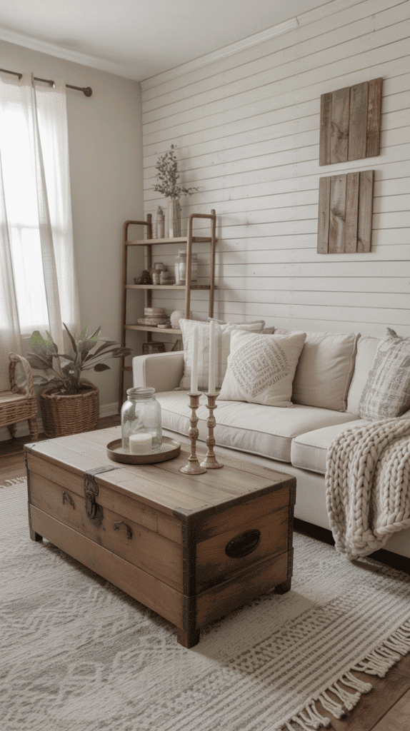 Farmhouse neutral color living room ideas featuring shiplap walls, vintage finds, and rustic textures for authentic charm