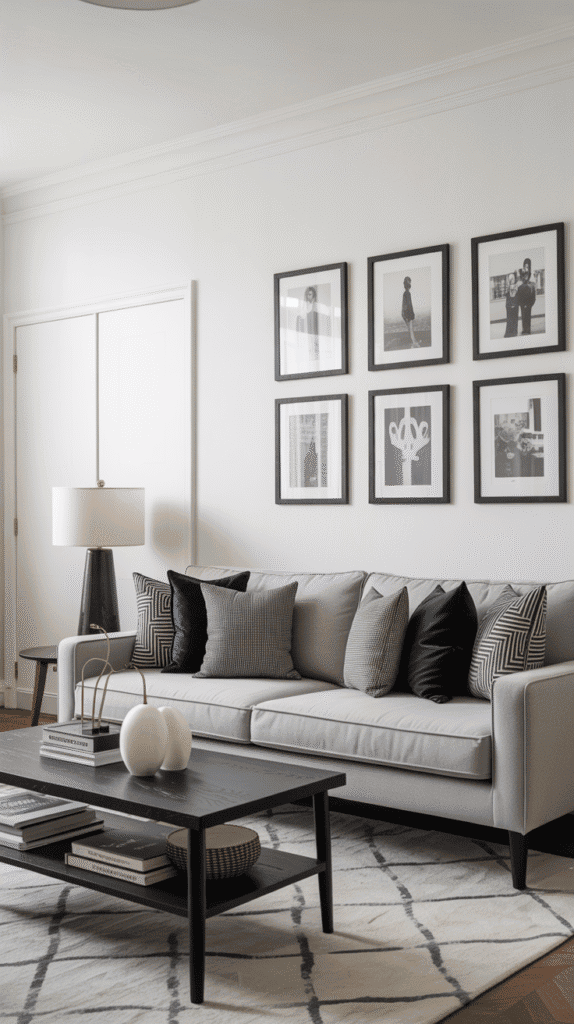 Modern neutral color living room ideas with bold black accents, geometric patterns, and clean-lined contemporary furniture