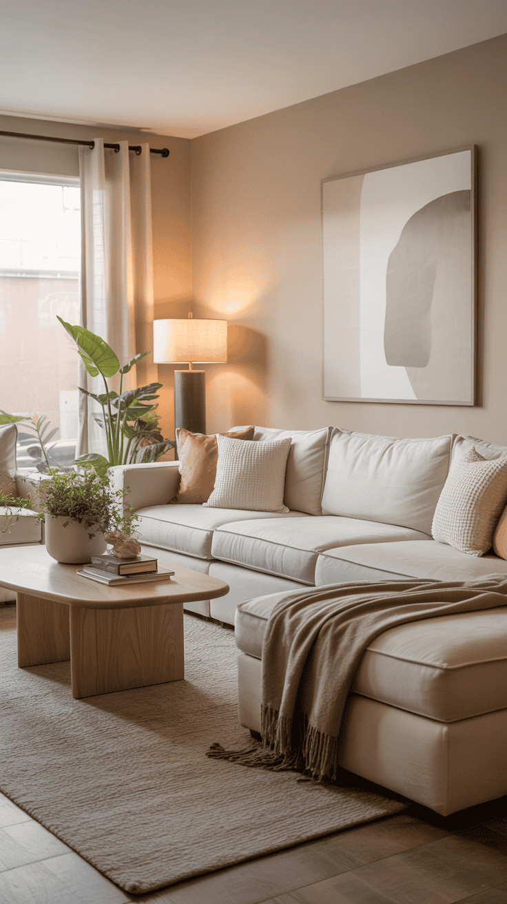 Beautiful neutral color living room ideas featuring beige walls, cream furniture, and natural wood accents for a timeless cozy look