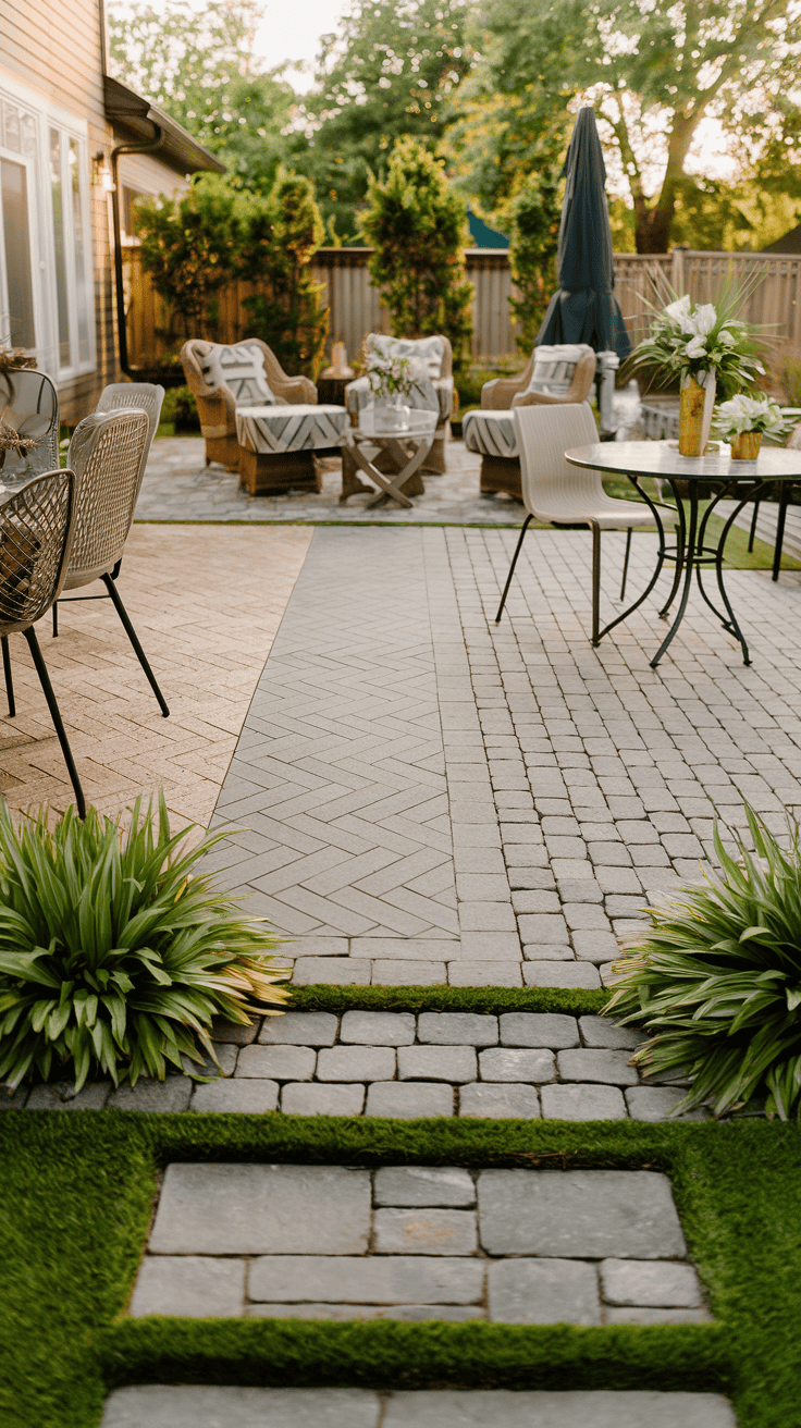 Illustration of diverse patio pavers design layouts, including herringbone and cobblestone, surrounded by greenery and outdoor furniture, showcasing a lively backyard setting.