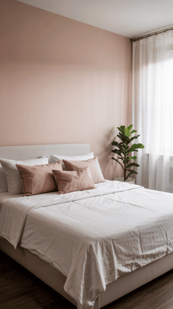 Blush pink walls bedroom ideas in a minimalist setting with white accents
