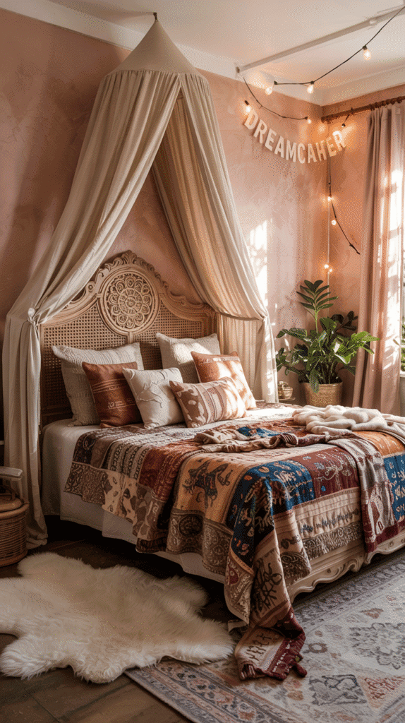 Peachy pink walls bedroom ideas featuring a bohemian oasis with eclectic decor