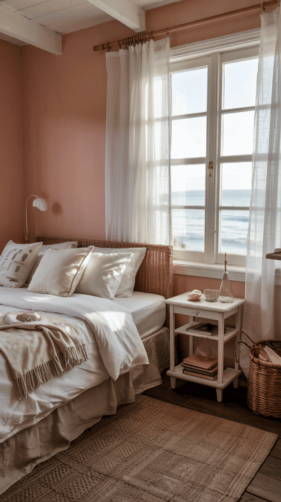 Salmon pink walls bedroom ideas for a coastal cottage vibe