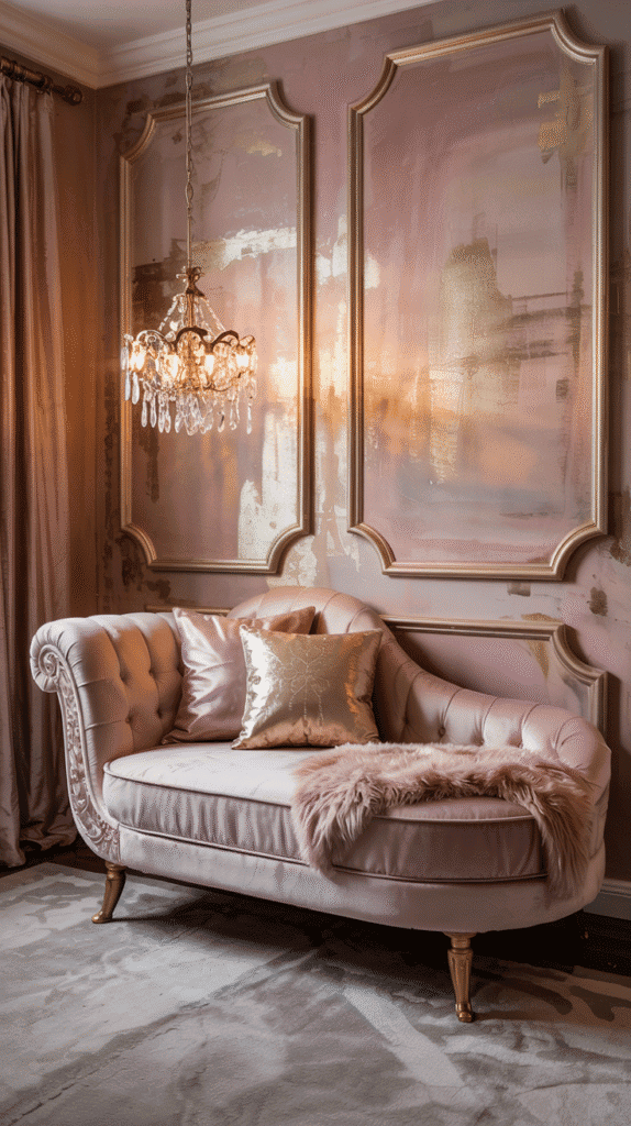 Hollywood Regency style pink walls bedroom ideas with champagne hues and luxury textures