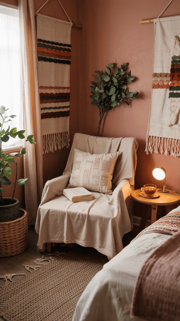 Pink clay walls bedroom ideas integrating earthy tones and natural elements