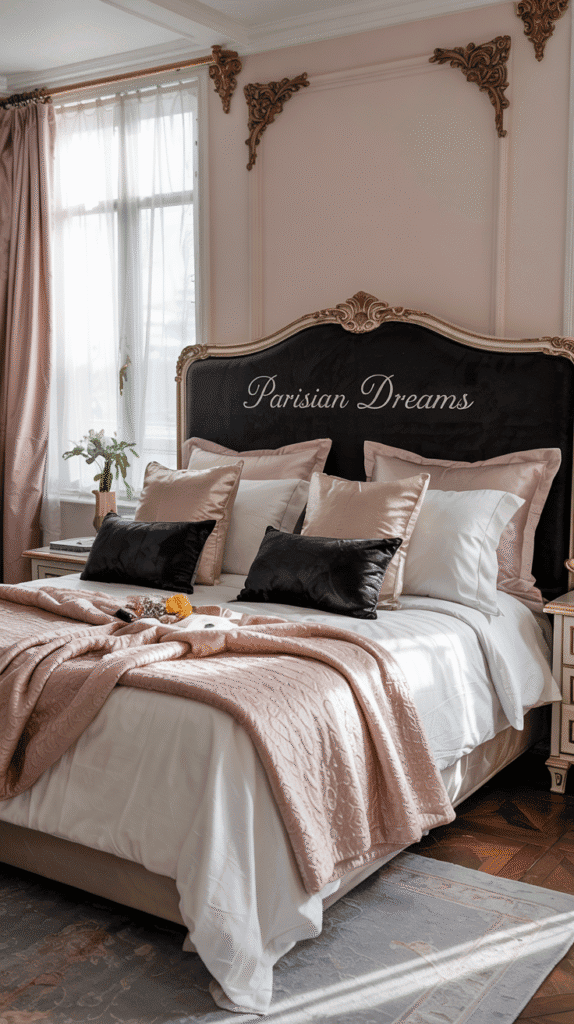 Parisian chic pink walls bedroom ideas with black accents for a refined look