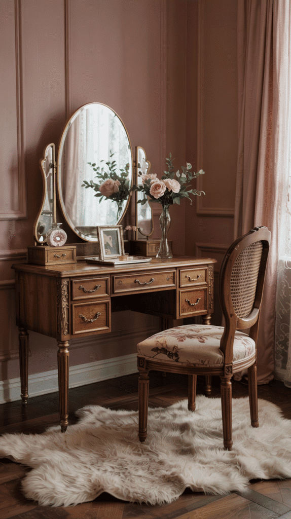 Vintage-inspired pink walls bedroom ideas featuring dusty rose and antique elements