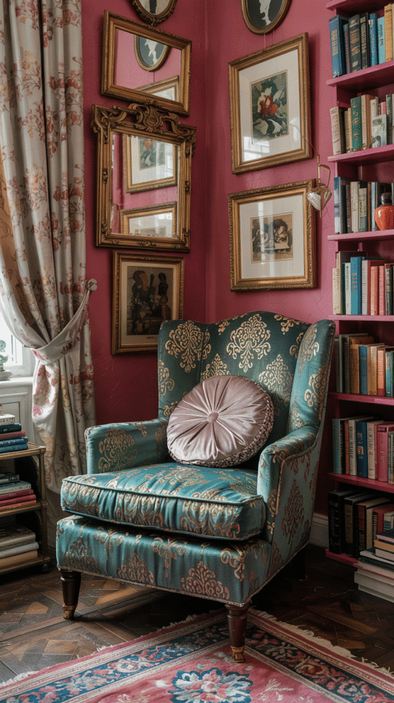 Bold hot pink walls bedroom ideas with maximalist decor and mixed patterns