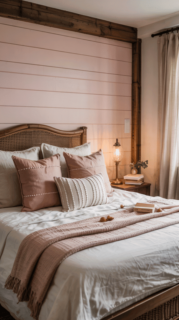 Pink shiplap walls bedroom ideas combining rustic charm with feminine features