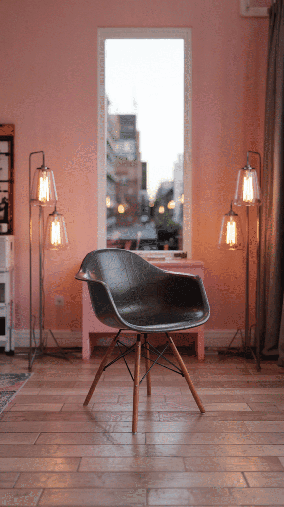 Millennial pink walls bedroom ideas in a modern loft with an industrial twist