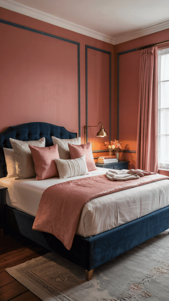 Pink walls bedroom ideas with coral and navy elements for preppy elegance