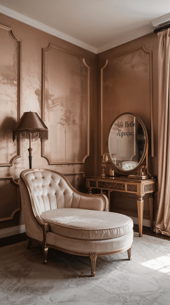 Art Deco pink walls bedroom ideas with rose gold and geometric designs