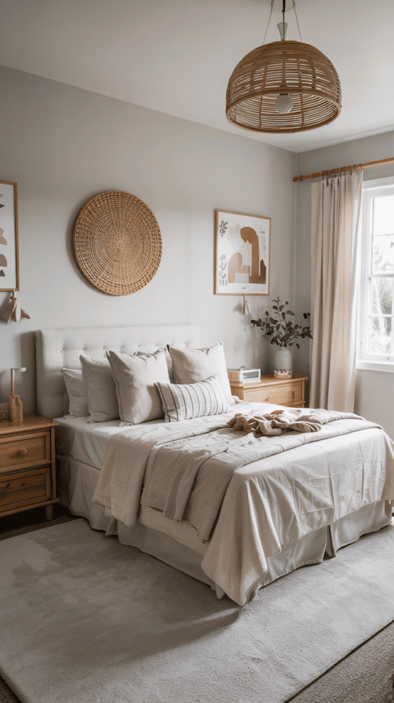 Neutral color palette in scandinavian kids bedroom featuring white walls and warm gray accents