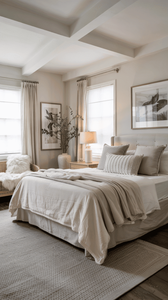 Neutral color palette scandinavian bedroom ideas with white walls and soft gray accents
