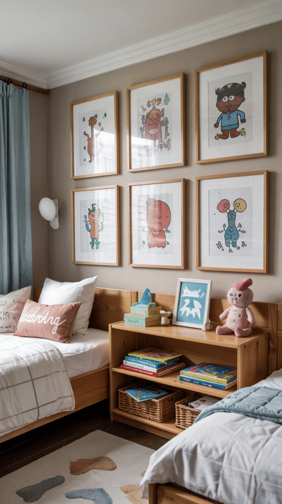 Art display wall in scandinavian kids bedroom showcasing children's artwork in coordinated frames