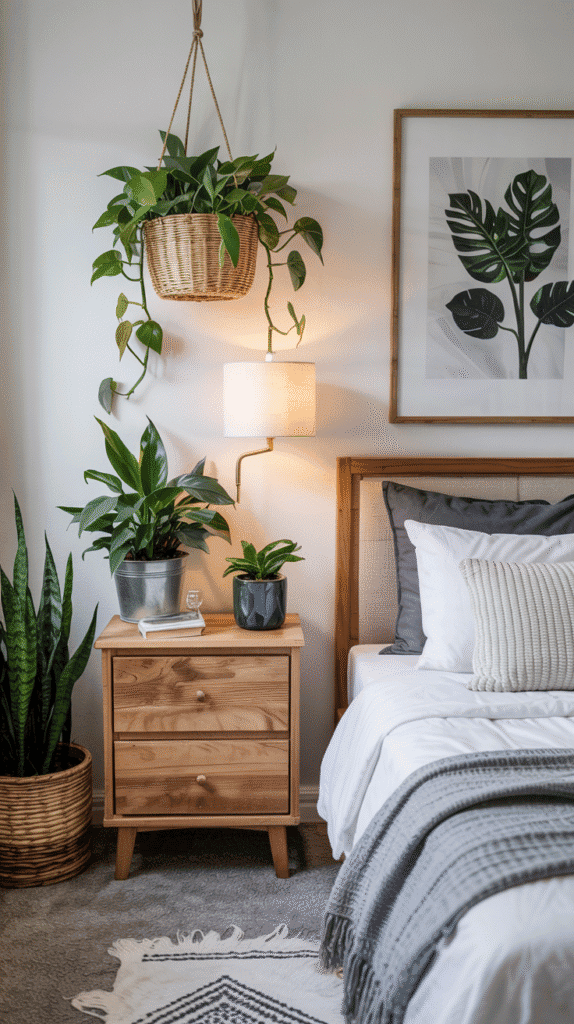 Bedroom plants in scandinavian bedroom ideas featuring snake plants and eucalyptus for natural beauty