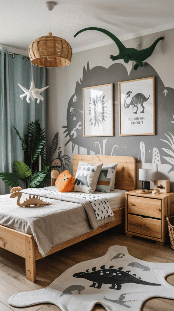 Subtly themed scandinavian kids bedroom with wooden toys and minimal decorative elements