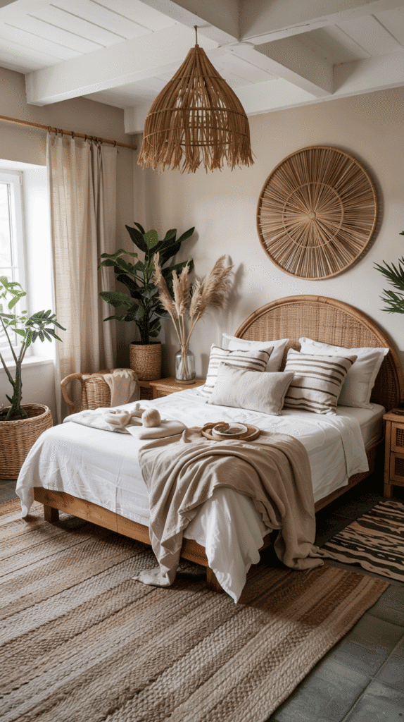 Natural materials in scandinavian bedroom ideas with cotton, jute, and rattan textures