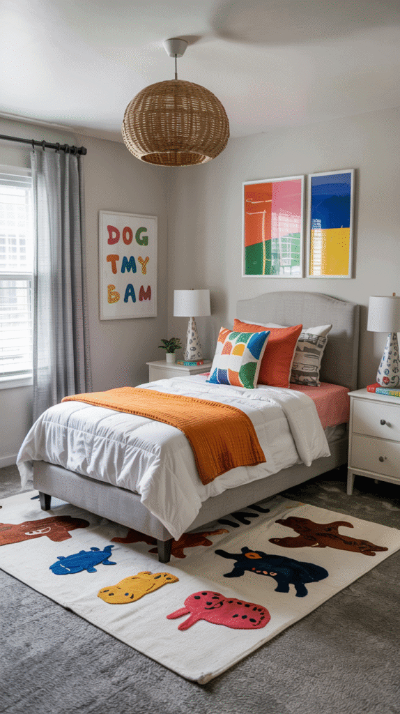 Strategic color accents in scandinavian kids bedroom using throw pillows and artwork for personality