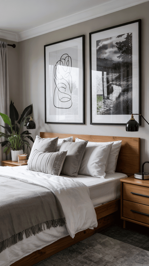 Thoughtful wall art in scandinavian bedroom ideas with monochrome prints and nature photography