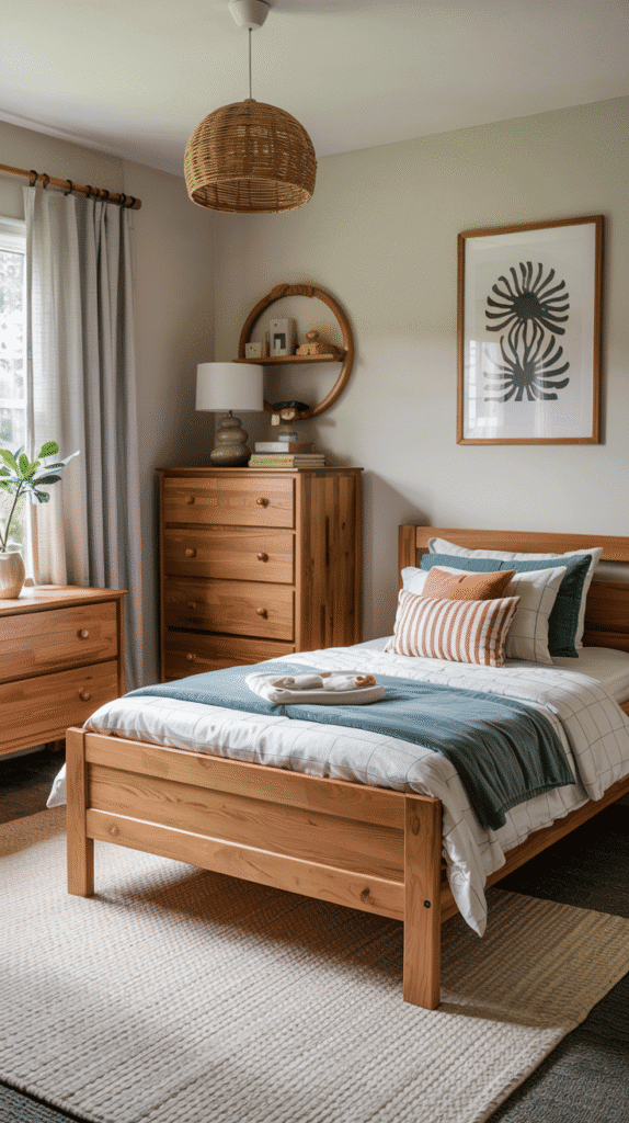 Natural blonde wood furniture in scandinavian kids bedroom with safe rounded edges and durable construction