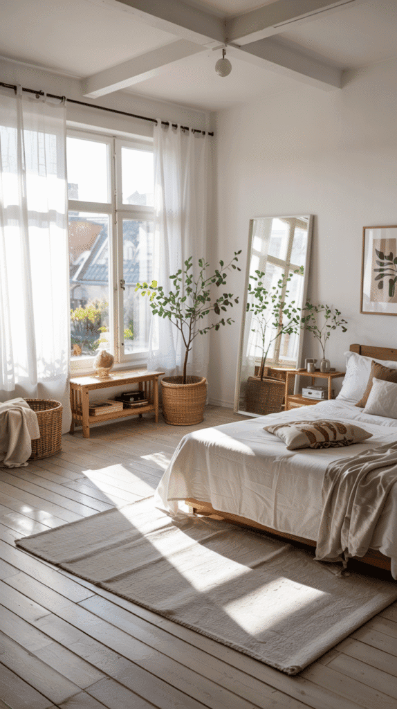 Natural light maximized in scandinavian bedroom ideas with large windows and sheer curtains