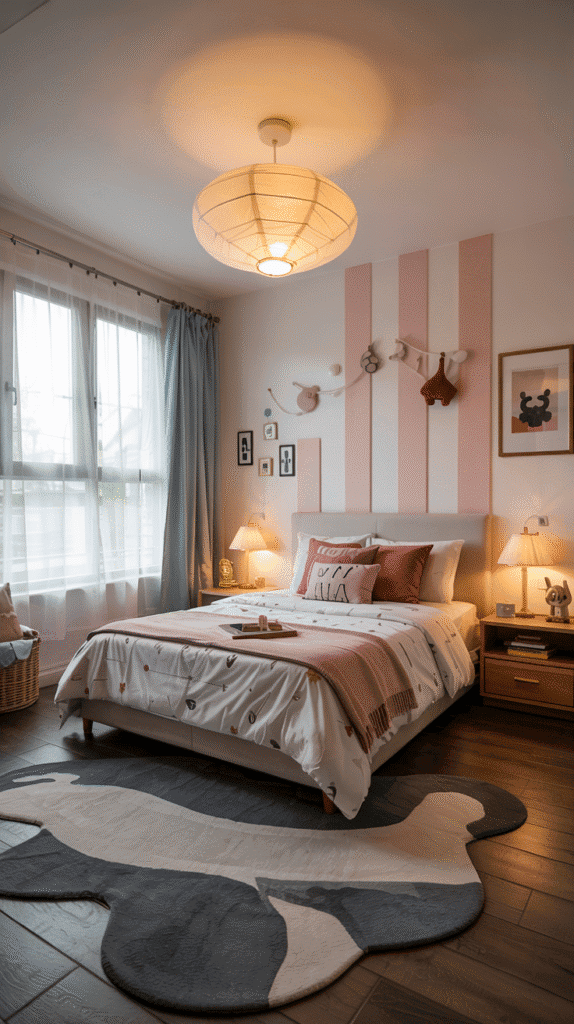 Layered lighting design in scandinavian kids bedroom with natural light and soft ambient fixtures