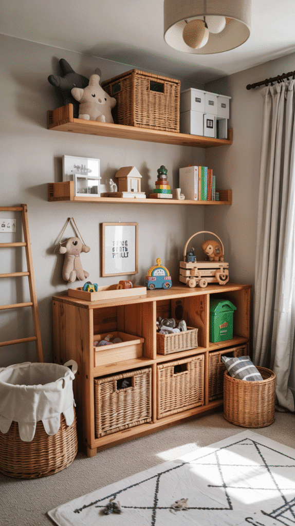 Stylish toy storage solutions in scandinavian kids bedroom using woven baskets and wooden bins