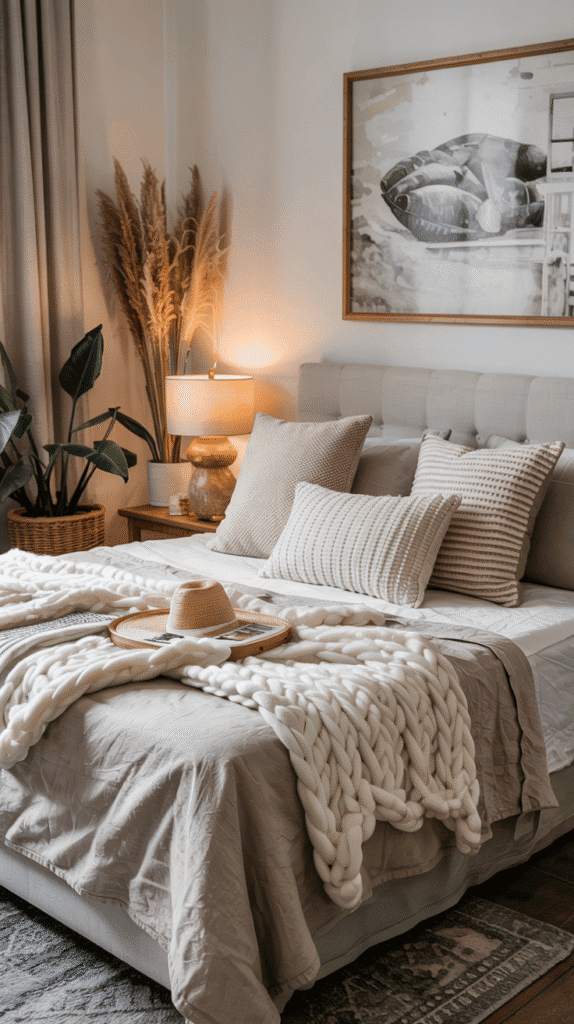 Layered textiles in scandinavian bedroom ideas featuring linen bedding and chunky knit throws