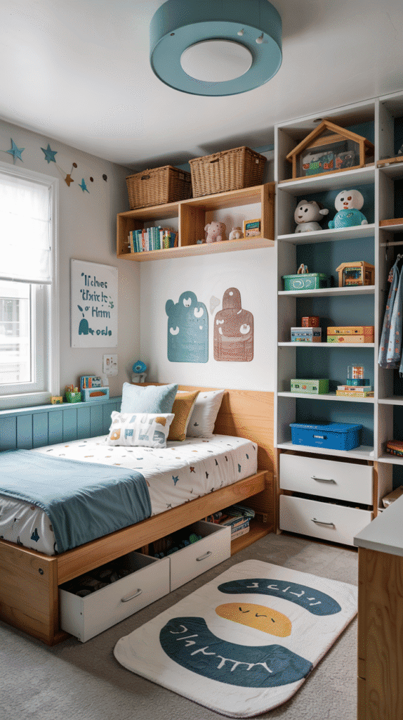 in scandinavian kids bedroom maximizing small space with wall-mounted shelves