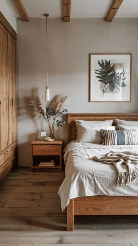 Natural wooden elements in scandinavian bedroom ideas with blonde oak and pine furniture