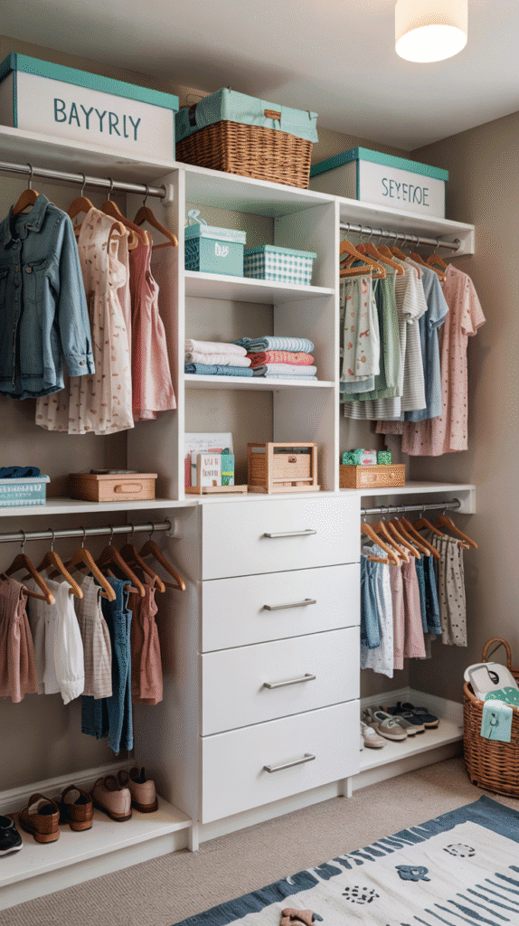Simple clothes organization in scandinavian kids bedroom with low hanging rods and accessible storage