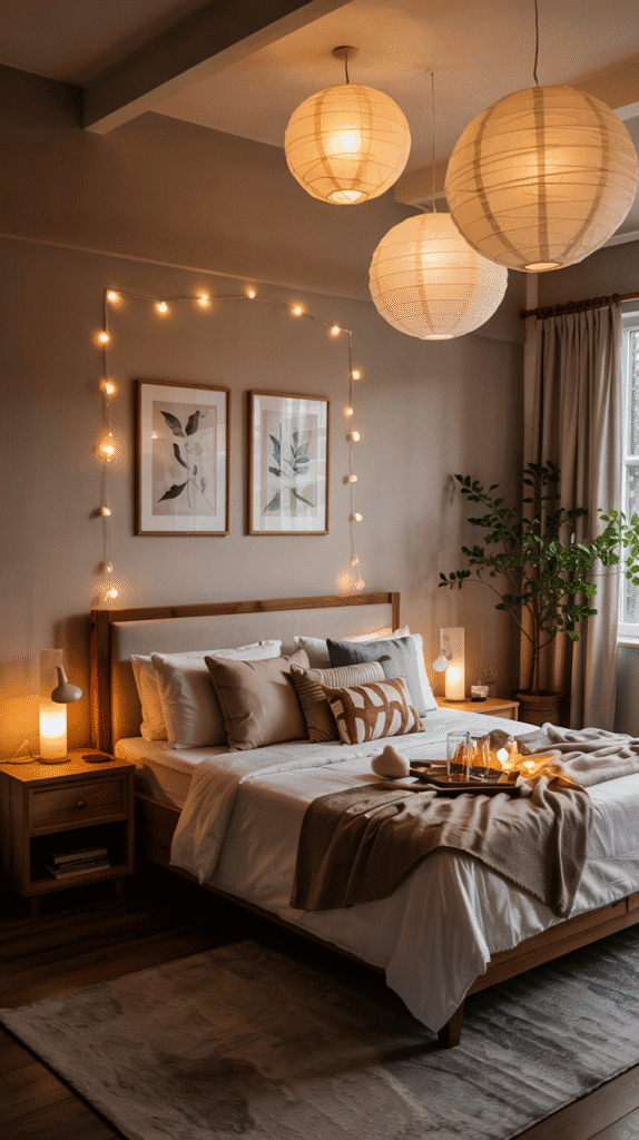 Soft ambient lighting in scandinavian bedroom ideas with bedside lamps and warm wall sconces