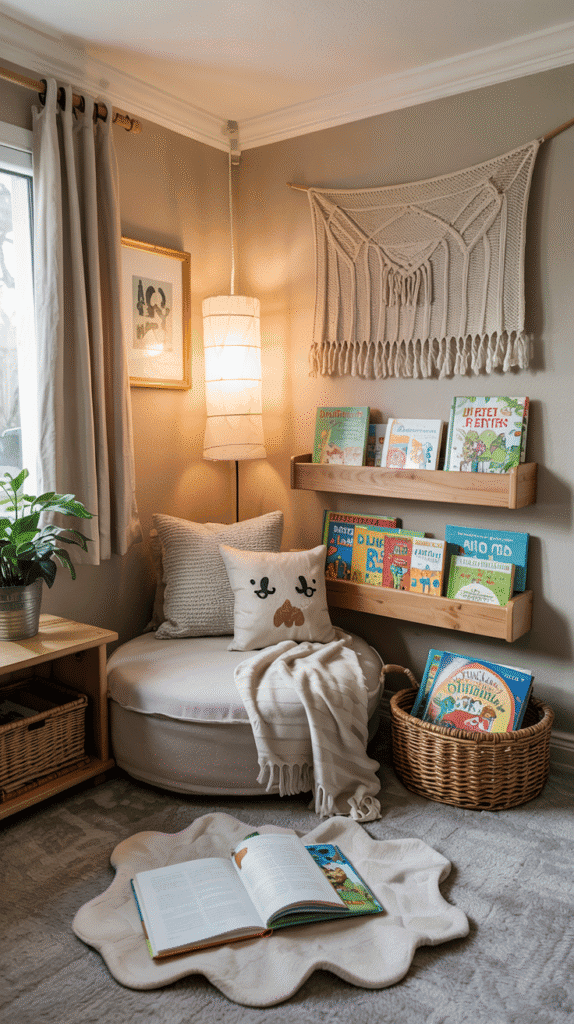 Cozy reading nook in scandinavian kids bedroom with floor cushions and soft textiles for quiet time